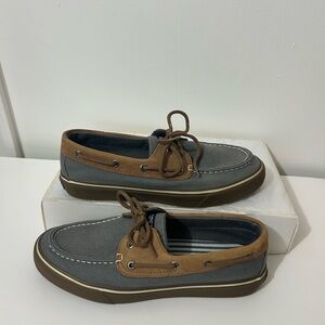 SPERRY TOPSIDER BOAT SHOES
MENS SIZE 9 M BROWN LEATHER &
GRAY CANVAS 2 EYELET
